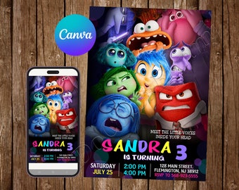 May include: A birthday party invitation featuring characters from the animated movie "Inside Out." The invitation includes the name "Sandra 3 is turning" with event details. A smartphone displays the same design. The Canva logo is visible.