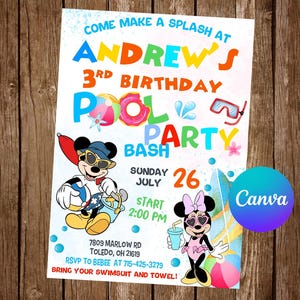 May include: A colorful invitation for a pool party celebrating Andrew's 3rd birthday. The invitation features Mickey Mouse and Minnie Mouse characters, a pool, and the text "Come make a splash at Andrew's 3rd Birthday Pool Party Bash".