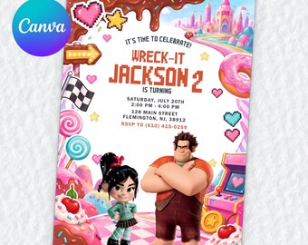 Convite de aniversário de 2 anos do Detona Ralph, modelo editável do Canva, fliperama Sugar Rush, festa da Vanellope, download digital