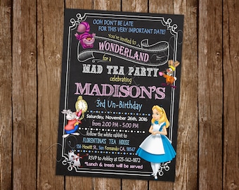 May include: A black chalkboard invitation for a Mad Hatter Tea Party celebrating Madison's 3rd Un-Birthday. The invitation features illustrations of Alice in Wonderland characters, including the Mad Hatter, the White Rabbit, and Alice. The party is scheduled for Saturday, November 26th, 2016, from 2:00 PM to 5:00 PM at Florentina's Tea House, located at 156 Hewitt St., San Fernando CA, 18547. RSVP to Ashley at 125-142-1872. Lunch and treats will be served.