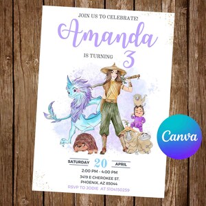 May include: A birthday invitation featuring a watercolor illustration of characters from a fantasy movie. The invitation reads "Amanda is turning 3" in purple script. The date is April 20th.