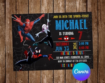May include: A black and white invitation with a chalkboard background featuring Spider-Man characters. The text reads "Join us into the Spider-Verse! Michael is turning 7. Saturday Jun 23, 2024, 2:00 PM - 4:00 PM, Michael's House, 126 Main Street, Flemington, NJ 38912, RSVP to Lindsay at 731-271-5253, See Ya Real Soon!"