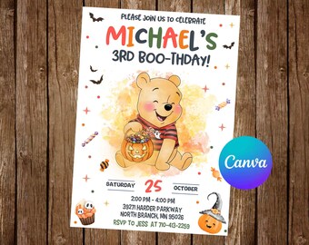 May include: A birthday invitation card featuring a watercolor illustration of Winnie the Pooh holding a jack-o'-lantern candy bucket. The text reads: PLEASE JOIN US TO CELEBRATE MICHAEL'S 3RD BOO-THDAY! SATURDAY 25 OCTOBER 2:00 PM - 4:00 PM 39271 HARDER PARKWAY.