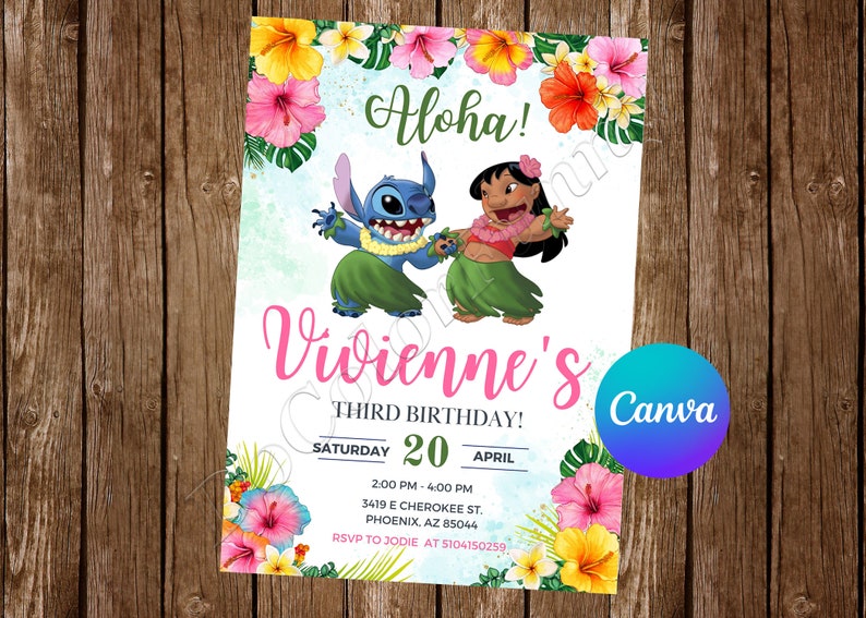 May include: A colorful invitation with Stitch and Lilo from Disney's Lilo & Stitch. The invitation is for Vivienne's third birthday party. It says "Aloha!" and includes the date, time, and location of the party.