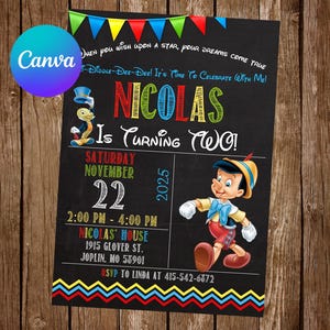 Pinocchio Invitation Birthday Party Pinocchio Birthday Invitation Jiminy Cricket Pinocchio Editable Invitation Digital Card