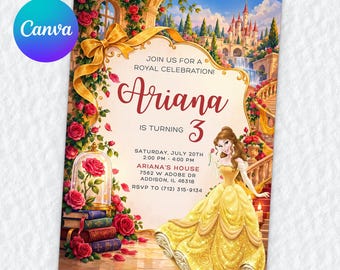 Convite de aniversário de 3 anos da Bela, modelo editável do Canva, Seja nosso convidado, Festa da Bela e a Fera, Download digital