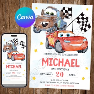 Convite de aniversário de carros Convite de aniversário de carros McQueen Convite de carros Convite editável em aquarela Carros Cartão digital para impressão