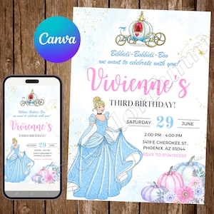 Convite Princesa Cinderela Festa de Aniversário Convite de Aniversário da Cinderela Convite Editável em Aquarela da Cinderela Cartão Digital