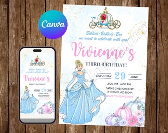 Princess Cinderella Invitation Birthday Party Cinderella Birthday Invitation Cinderella Watercolor Editable Invitation Digital Card