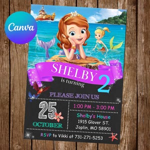 May include: A birthday invitation featuring a cartoon mermaid with the text "Shelby is turning 2." The invitation includes the date, time, and location of the party, with RSVP information. The design incorporates a mermaid theme with ocean and mermaid tail illustrations.