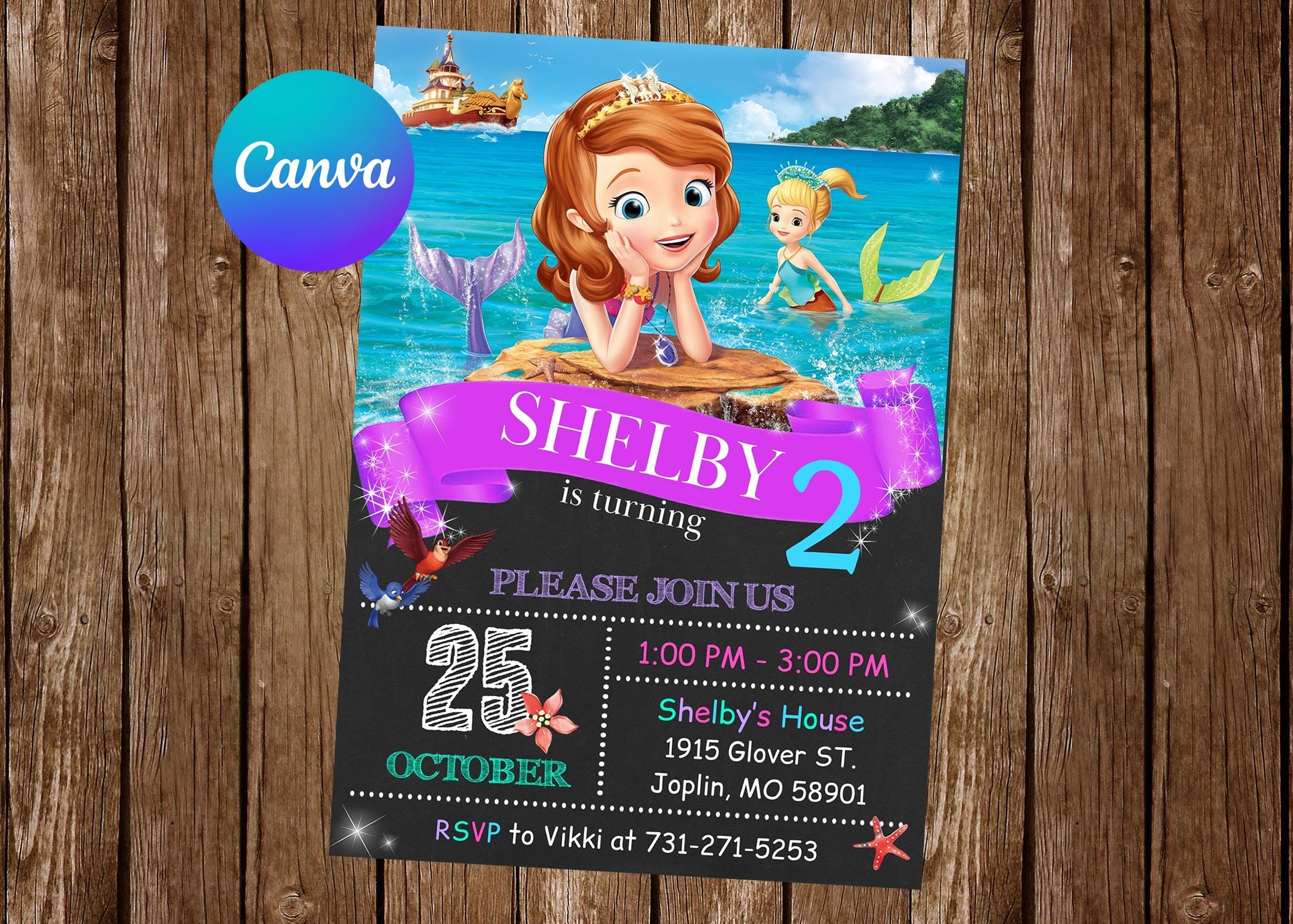 Sofia the First Invitation Birthday Party Sofia the First Mermaid Birthday Invitation Sofia Editable Invitation Sofia Digital Printable Card