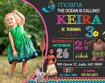 May include: A birthday party invitation with a Moana theme. The invitation features the text "Moana, the ocean is calling!" and "Keira is turning 3". The invitation includes the date, time, and location of the party, along with RSVP information.