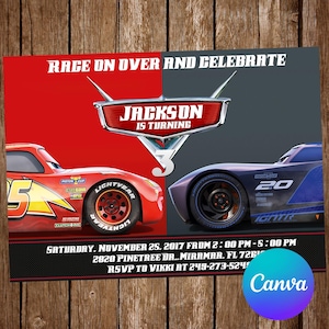 Könnte beinhalten: Eine rechteckige Einladungskarte mit einem roten Rennwagen links und einem blauen rechts. Der Text lautet Race on over and celebrate, Jackson is turning 3, Saturday, November 25, 2017 from 2:00 PM - 5:00 PM, 2820 Pinetree Dr., Miramar, FL 72612, RSVP to Vikki at 249-273-5245.