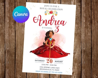May include: A birthday party invitation featuring the name "Andrea" in red script, with the text "is turning 3." An illustration of a princess in a red dress holding a scepter is in the center. The date and time are listed below.
