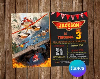 Invitación de cumpleaños de aviones de bomberos y rescate, invitación de cumpleaños de aviones, invitación editable de aviones, tarjeta digital de aviones