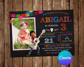 May include: A birthday invitation with a photo of a child and a cartoon character holding a guitar. The invitation is black with colorful text that reads "Abigail is turning 3" and details for the party on September 21, 2024.