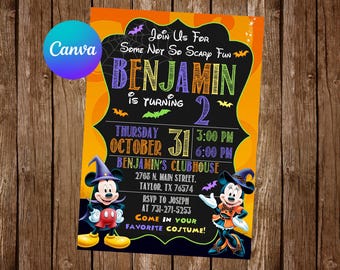 May include: A Halloween-themed birthday party invitation for a child named Benjamin turning two. The invitation features a black chalkboard with colorful text, a Mickey Mouse character dressed as a witch, and a Minnie Mouse character dressed as a witch. The invitation includes the date, time, and location of the party.