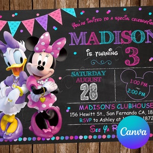 Invitation Minnie Mouse Daisy Duck fête d'anniversaire Invitation d'anniversaire Minnie Mouse Invitation modifiable Minnie Mouse Carte numérique imprimable