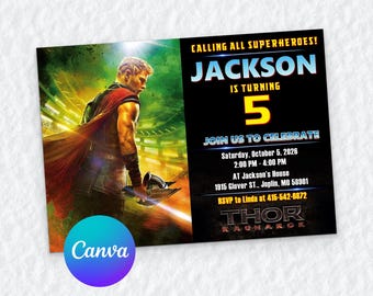 Thor 5th Birthday Invitation, Editable Canva Template, Ragnarok Superhero, Hulk Party, Digital Download