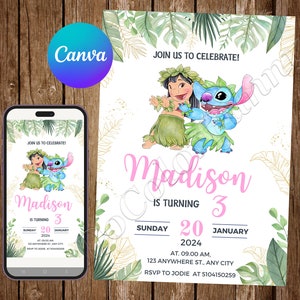 Convite Lilo e Stitch Stitch Convite de aniversário Stitch Party Stitch Aquarela Editável Convite Stitch Cartão digital para impressão