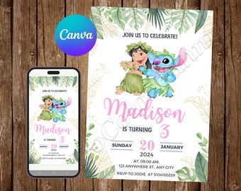 May include: A birthday invitation featuring Lilo and Stitch characters, with the text "Madison is turning 3". The design includes tropical leaves and the date of the event. A smartphone displays the same invitation.