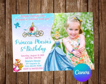 May include: A custom invitation for a princess-themed birthday party. The invitation features a photo of a young girl, Cinderella, a carriage, and the text "Princess Maria's 5th Birthday".