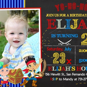 May include: A birthday party invitation with a photo of a smiling toddler. The invitation features pirate-themed graphics and text that reads "YO-HO-HO!" and "ELIJAH IS TURNING 2." The date is Saturday, July 23, with party times listed.