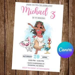 Convite Moana Festa de Aniversário Convite Moana Convite Moana Aquarela Convite Editável Moana Cartão Digital