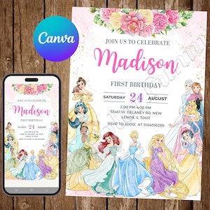 Princess Invitation Birthday Party Frozen Birthday Invitation Ariel Watercolor Jasmine Belle Editable Invitation Cinderella Rapunzel