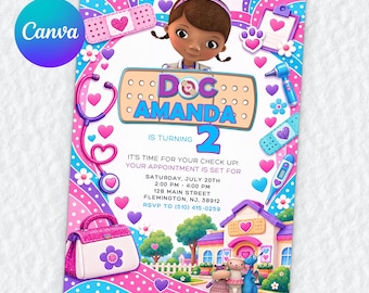 May include: A birthday invitation featuring a cartoon character, a pink medical bag, a stethoscope, and bandages. Text reads: DOC AMANDA IS TURNING 2. IT'S TIME FOR YOUR CHECK UP! YOUR APPOINTMENT IS SET FOR SATURDAY, JULY 20TH, 2:00 PM - 4:00 PM, 128 MAIN STREET, FLEMINGTON, NJ, 38912. RSVP TO (510) 415-0259.