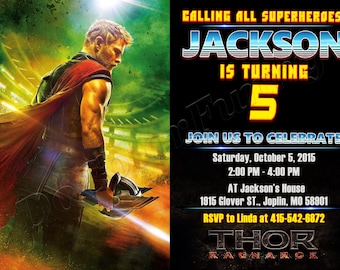 May include: A birthday invitation featuring Thor in a red cape and armor holding a weapon. The text reads: CALLING ALL SUPERHEROES! JACKSON IS TURNING 5. JOIN US TO CELEBRATE. Saturday, October 5, 2015, 2:00 PM - 4:00 PM, AT Jackson's House, 1915 Glover ST., Joplin, MO 58901, RSVP to Linda at 415-542-6872, THOR RAGNAROK.