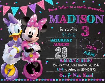 May include: A chalkboard birthday party invitation with a pink and blue color scheme. The invitation features a cartoon image of Minnie Mouse and Daisy Duck. The text on the invitation reads "You're invited to a special celebration Madison is turning 3 Saturday August 28 Madison's Clubhouse 156 Hewitt St., San Fernando CA, 18547 RSVP to Ashley at 125-142-1872 See Ya Real Soon!"