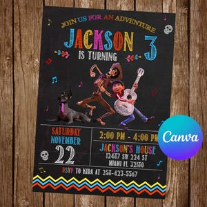 May include: Black invitation with colorful text and illustrations. The text reads "Join us for an adventure, Jackson 3 is turning." Features cartoon characters, musical notes, and the date "Saturday, November 22." Includes event details and RSVP information.