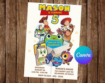 May include: A birthday invitation card featuring cartoon characters including a cowboy, a space ranger, a cowgirl, a horse, a green frog in a box, a small robot, a blue hippo, and a camera. Text reads MASON IS TURNING 5, JOIN US TO CELEBRATE, and event details.