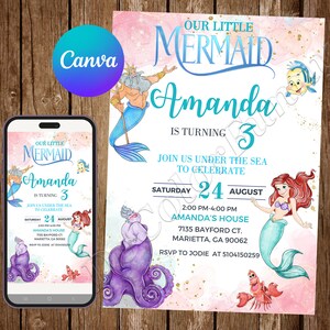 Faire-part petite sirène fête d'anniversaire Faire-part d'anniversaire Ariel petite sirène aquarelle faire-part modifiable Ariel carte numérique