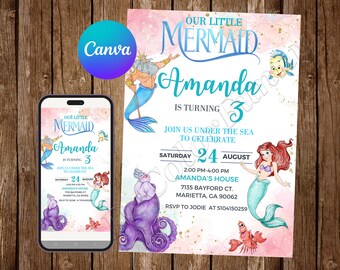 Op de afbeelding: Een verjaardagsuitnodiging met een zeemeermintthema. De uitnodiging bevat de tekst "Our Little Mermaid Amanda is 3 jaar" met illustraties van Ariel, Koning Triton en Ursula. De datum is 24 augustus.