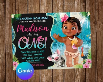 May include: A colorful invitation for a first birthday party with a cartoon image of a girl with brown hair and brown eyes wearing a flower in her hair and a grass skirt. The invitation says "The ocean is calling! Join us to celebrate! Madison is turning ONE!" and includes the date, time, and address of the party.