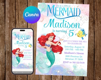 Little Mermaid Invitation Birthday Party Ariel Birthday Invitation Little Mermaid Watercolor Editable Invitation Ariel Digital Card
