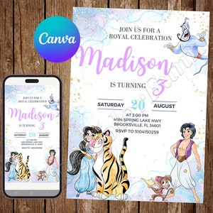 Convite Aladdin Princesa Jasmine Convite Festa de aniversário Convite de aniversário Aladdin Convite editável em aquarela de Aladdin
