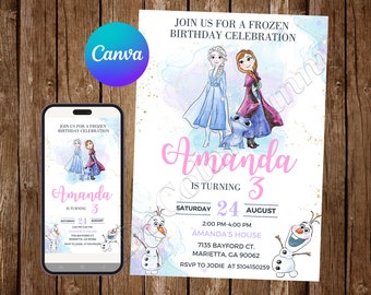 Frozen Invitation Frozen Birthday Invitation Frozen Watercolor Editable Invitation Frozen Invites Frozen Digital Printable Card