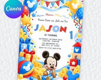 Convite de aniversário de 1 ano do Mickey Bebê, Modelo editável do Canva, Meeska Mooska, Festa do Mickey Mouse, Download Digital