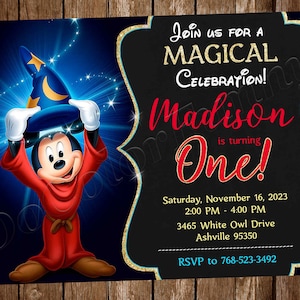 May include: A black and gold invitation with a blue background. The invitation features a cartoon image of Mickey Mouse dressed as a sorcerer. The text on the invitation reads "Join us for a Magical Celebration! Madison is turning One!"  Saturday, November 16, 2023, 2:00 PM - 4:00 PM, 3465 White Owl Drive, Ashville 95350, RSVP to 768-523-3492.
