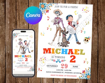 May include: A colorful invitation for a 2nd birthday party featuring characters from the movie Coco. The invitation is decorated with musical notes, flowers, and a skull. The text on the invitation reads "Join us for a fiesta! Michael is turning 2. Saturday, June 29, 2:00 PM - 4:00 PM, 3419 E Cherokee St., Phoenix, AZ 85044. RSVP to Jodie at 5104150259."