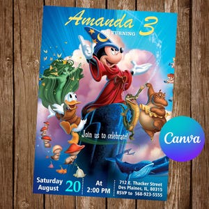 May include: A blue and white birthday invitation featuring Mickey Mouse dressed as a wizard. The invitation says "Amanda 3 Turning" and includes details for the party, including the date, time, and location.