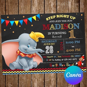 Dumbo Invitation Birthday Party Dumbo Birthday Invitation Circus Invitation Dumbo Editable Invitation Dumbo Digital Card Baby Shower