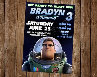 May include: A birthday invitation for a boy named Bradyn turning 3. The invitation features a cartoon image of a boy in a space suit against a dark blue background with stars. The text on the invitation reads "Get ready to blast off! Bradyn is turning 3. Saturday June 25. 3:00 PM - 5:00 PM. RSVP Tasha (932) 754-9482. 4602 St. George Avenue Avenel NJ, 97003."