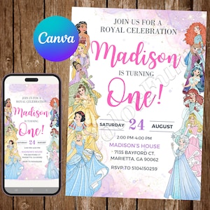 Princess Invitation Birthday Party Frozen Birthday Invitation Ariel Watercolor Jasmine Belle Editable Invitation Cinderella Snow White