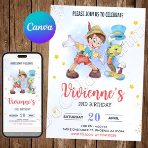 Pinocchio Invitation Birthday Party Pinocchio Birthday Invitation Jiminy Cricket Pinocchio Watercolor Editable Invitation Digital Card