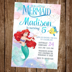 Faire-part petite sirène Faire-part aquarelle petite sirène Faire-part Ariel Faire-part aquarelle Ariel Anniversaire petite sirène
