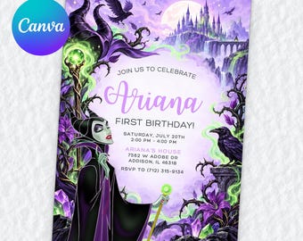 Convite de aniversário de 1 ano da Malévola, modelo editável do Canva, Senhora do Mal, Festa Diablo Raven, Download Digital